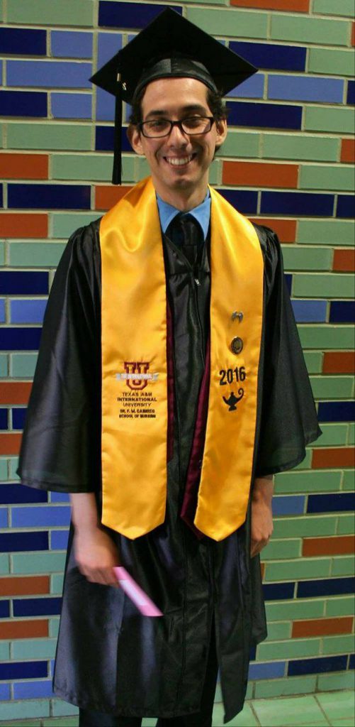 Martiniano Gonzalez in the Kinesiology and Convocation Buillding, shortly after receiving his Bachelor's of Science in Nursing. 