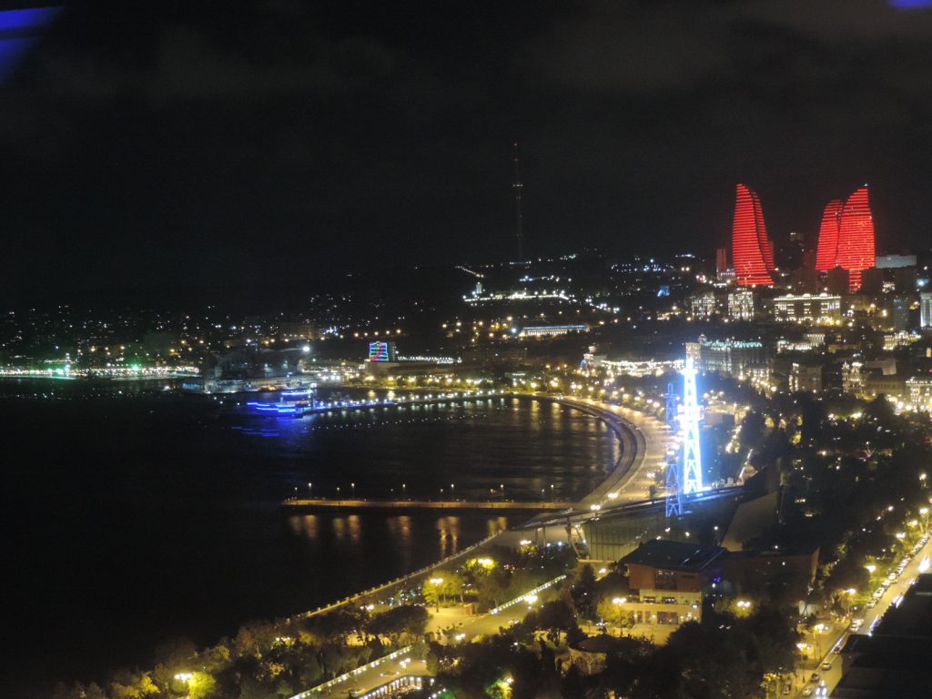 Night view of the Flame Towers. | Photo by Osiris Escamilla