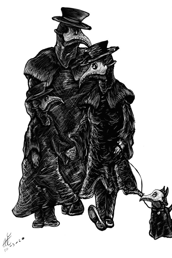 Illustration of family of plague doctors