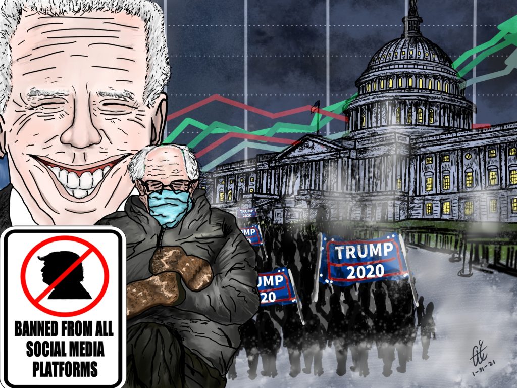 Bridge Illustration of Biden, Trump, Sanders, and Capitol.