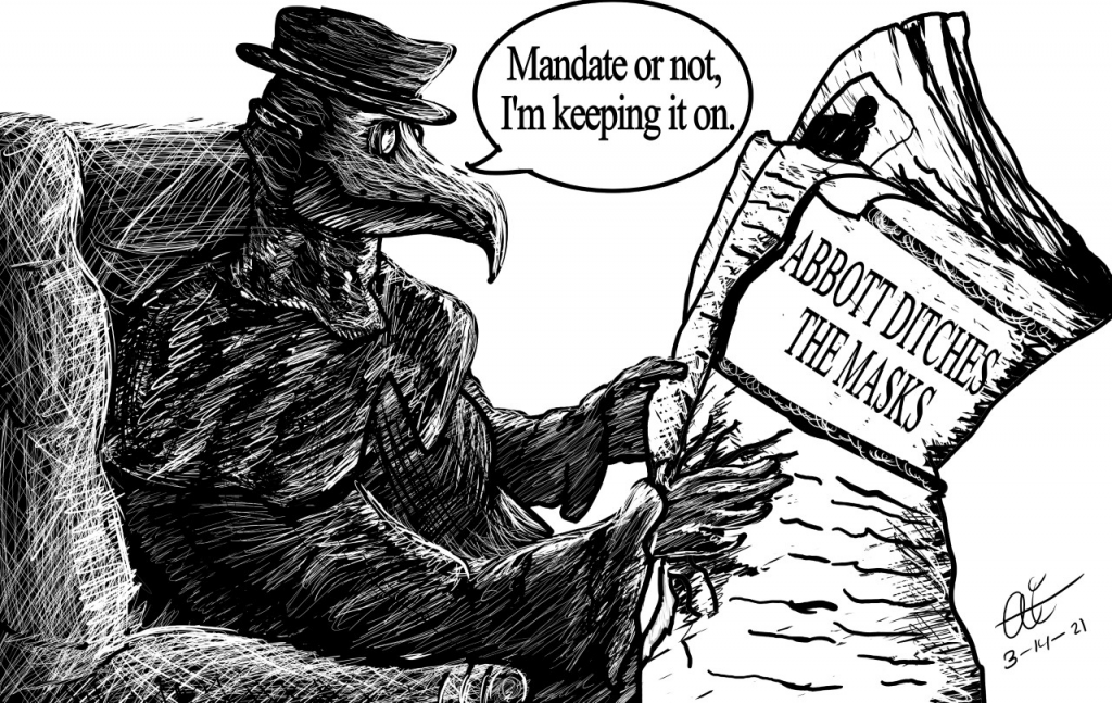 March Illustration of plague doctor reading news of Gov. Abbott's unmasking of the state