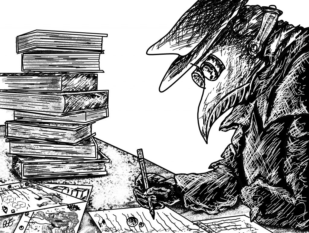 Illustration of a masked student studying for finals