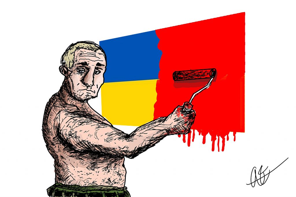 Illustration of Putin painting the Ukrainian flag red.