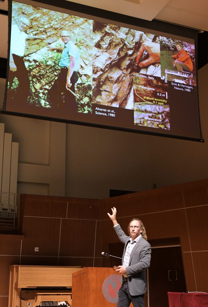 Dr. Sean Gulick shows an overhead display