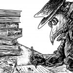Illustration of a masked student studying for finals