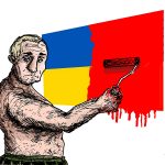 Illustration of Putin painting the Ukrainian flag red.