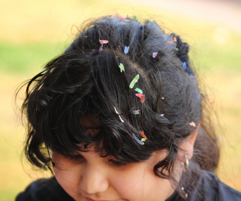 Easter egg confetti in the hair