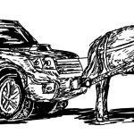 ILLUSTRATION: Horse-drawn automobile.