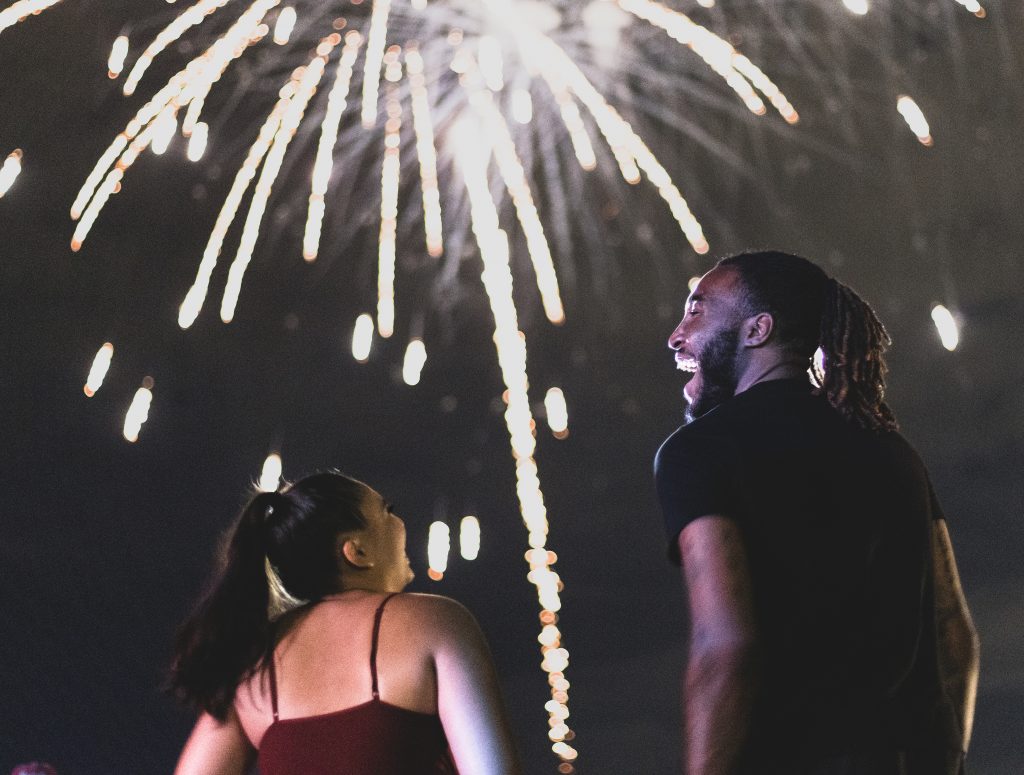 Fireworks glow over campus