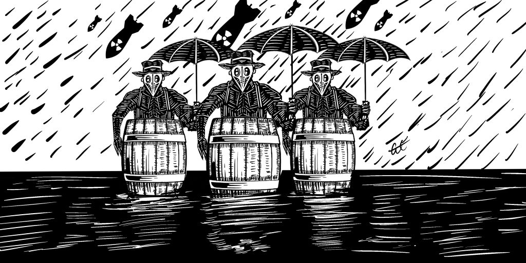 Illustration of three plague doctors riding in barrels on flood waters with raindrops and nuclear bombs raining down.