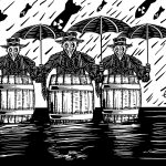 Illustration of three plague doctors riding in barrels on flood waters with raindrops and nuclear bombs raining down.