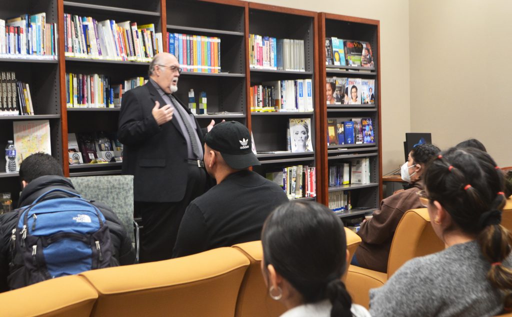 TAMIU President Pablo Arenaz speaks to students about careers.