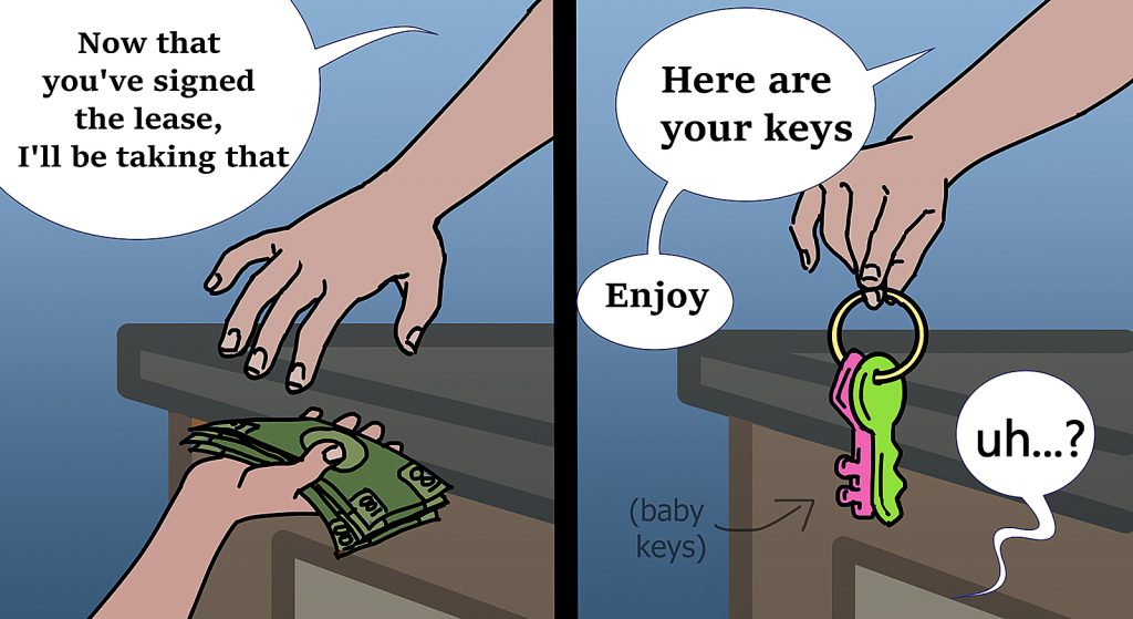 illustration of paying money and being given plastic baby keys