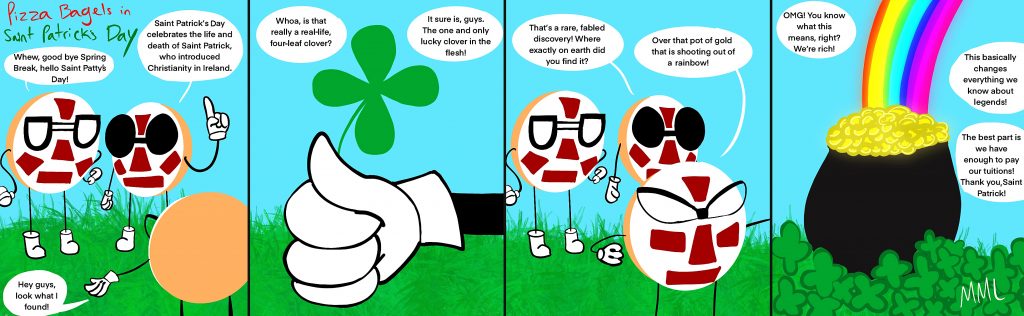 St. Patrick's Day comic strip for Pizza Bagels on campus.