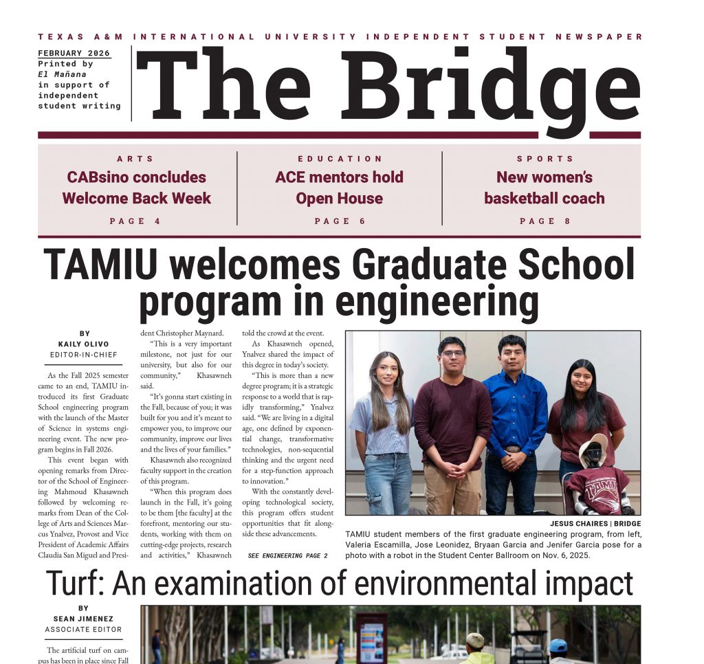 The Bridge front page of the February 2026 issue. The image shows the flag (title) of the newspaper, along with the top headlines and the top photo of the issue.