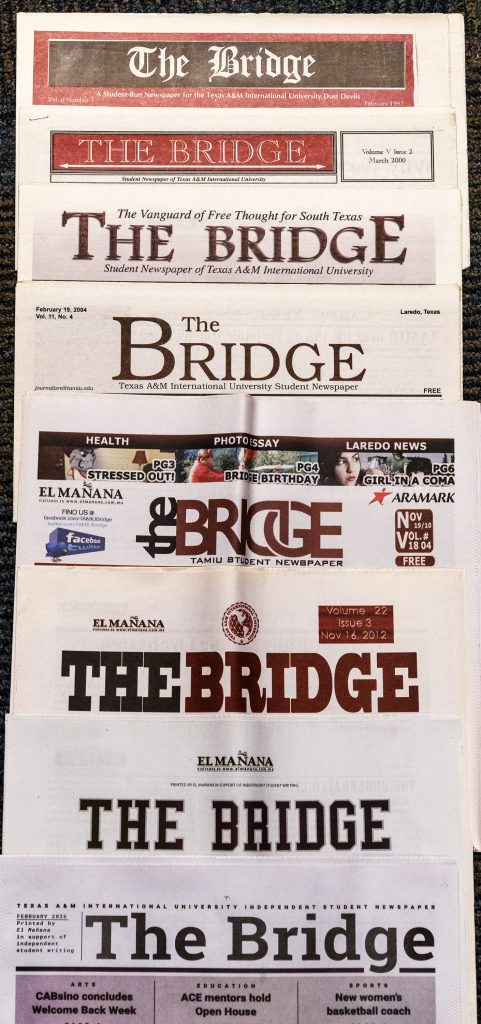 A series of newspaper flags (title of the newspaper on the front page) from 1996 to 2026.